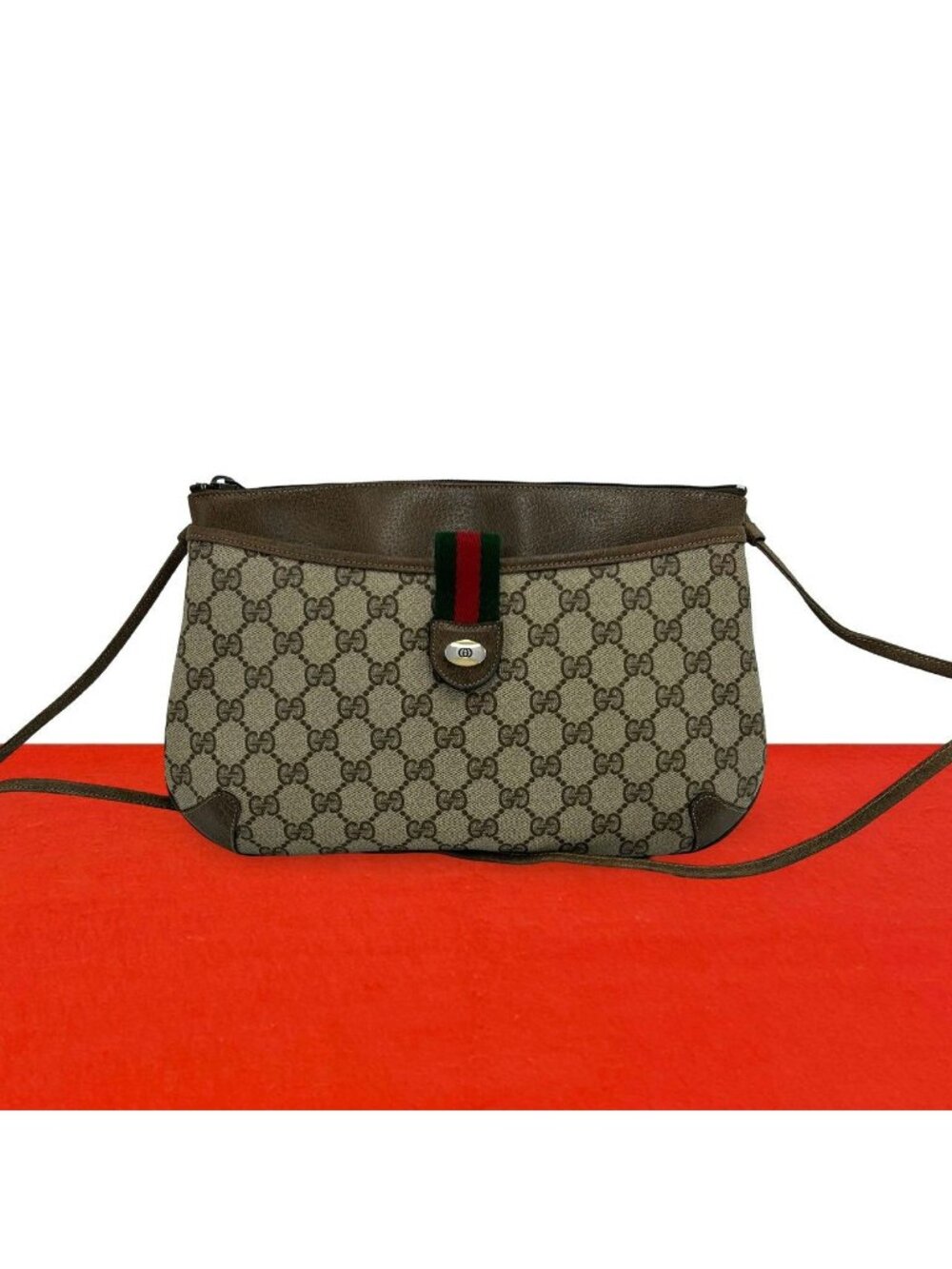 Gucci Vintage Sherry Line GG Logo Leather Shoulder Bag Brown